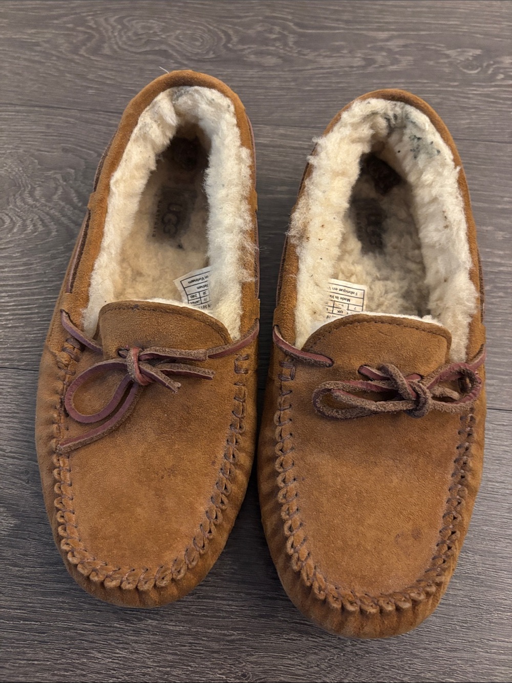 UGG Men’s Chestnut Brown Suede Moccasin Slippers with Shearling